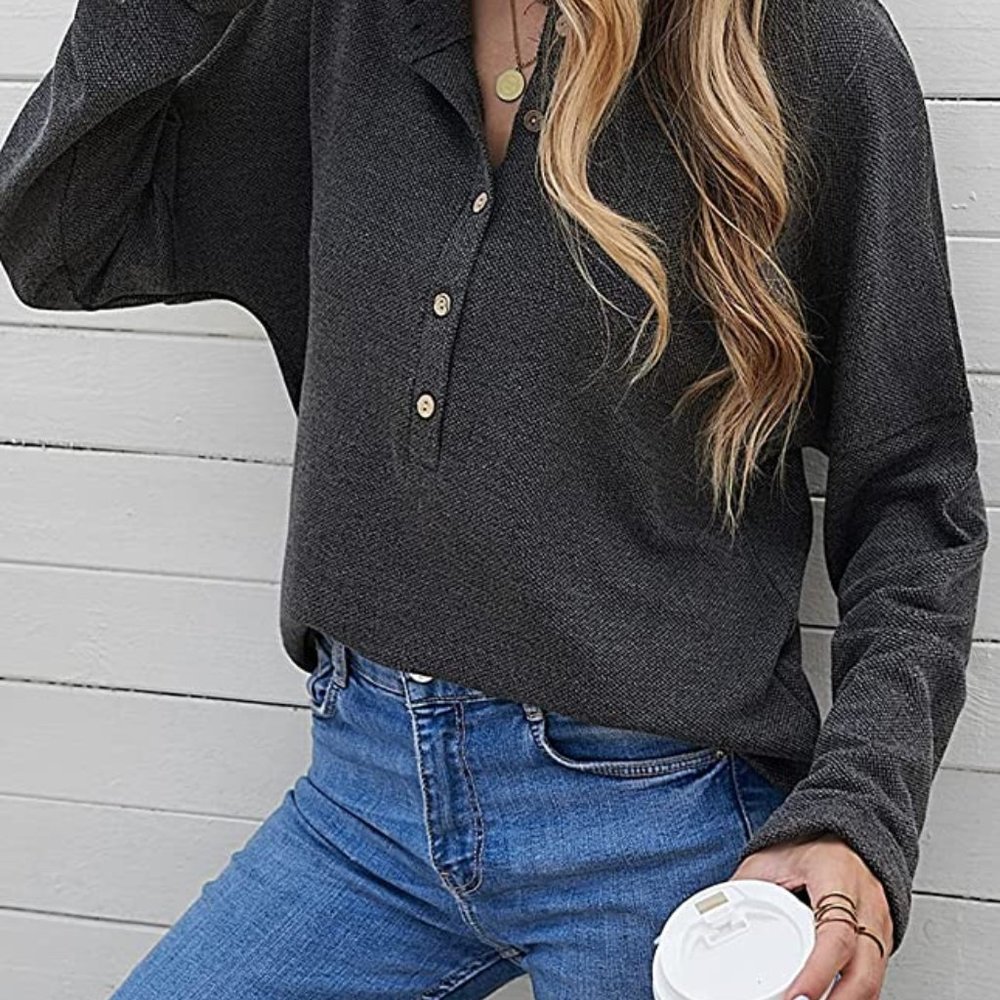 Bdcoco Women's V Neck Button Down Henley Tops Casual Long Sleeve Knitted Crop Bl